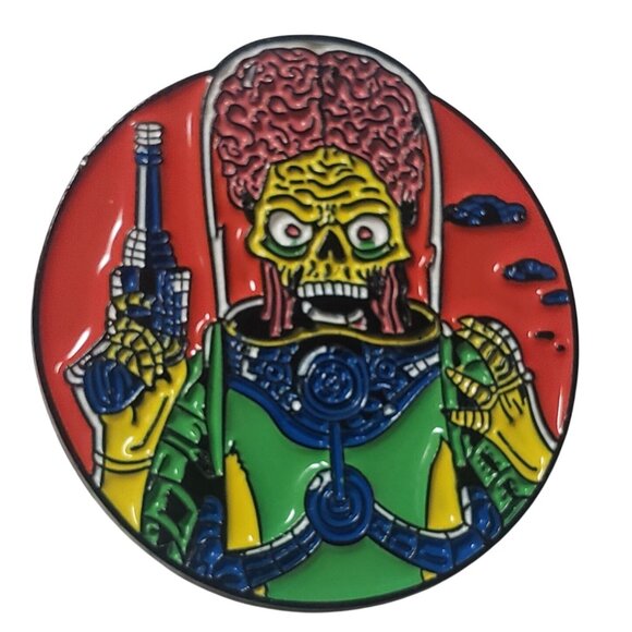 Mars Attacks Alien Enamel Pin 1.5" Round Sci-Fi Collectible With Black Rubber Cl - Picture 1 of 3